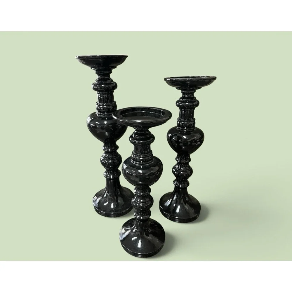 3 Black Tall Candle Sticks Candle Holders Resin Pillar Candles Modern Decor